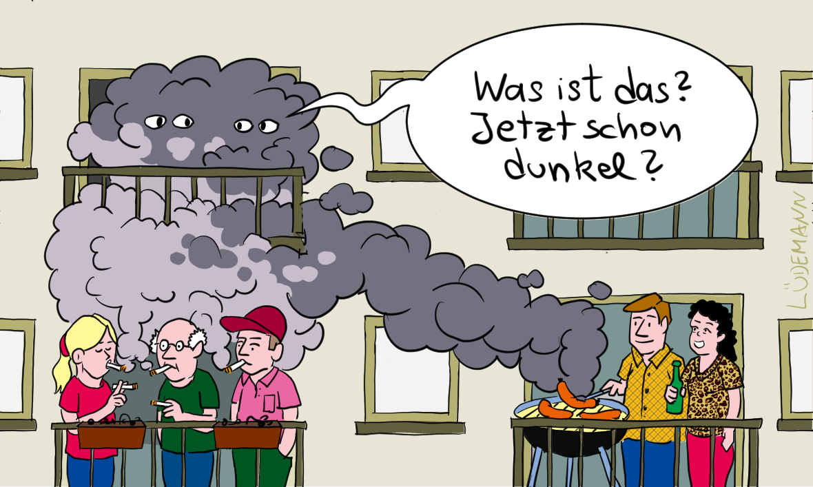 Lustige Illustration von Carsten Lüdemann: Im 1. Stock raucht einer links, rechts wird gegrillt – im 2. Stock wundert man sich im Qualm: „Was ist das? Jetzt schon dunkel?“
