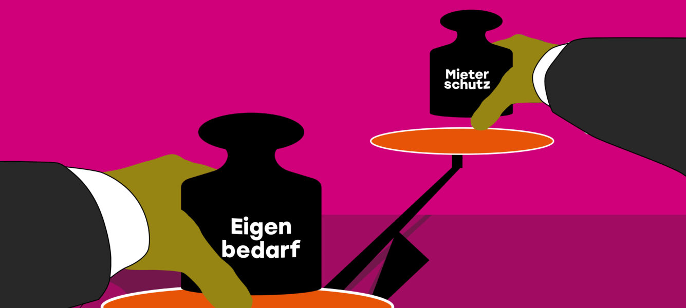 Eine Waage wo jeweils ein Gewicht auf jede Seite gestellt wird mit den Beschriftungen: Eigenbedarf und Mieterschutz.