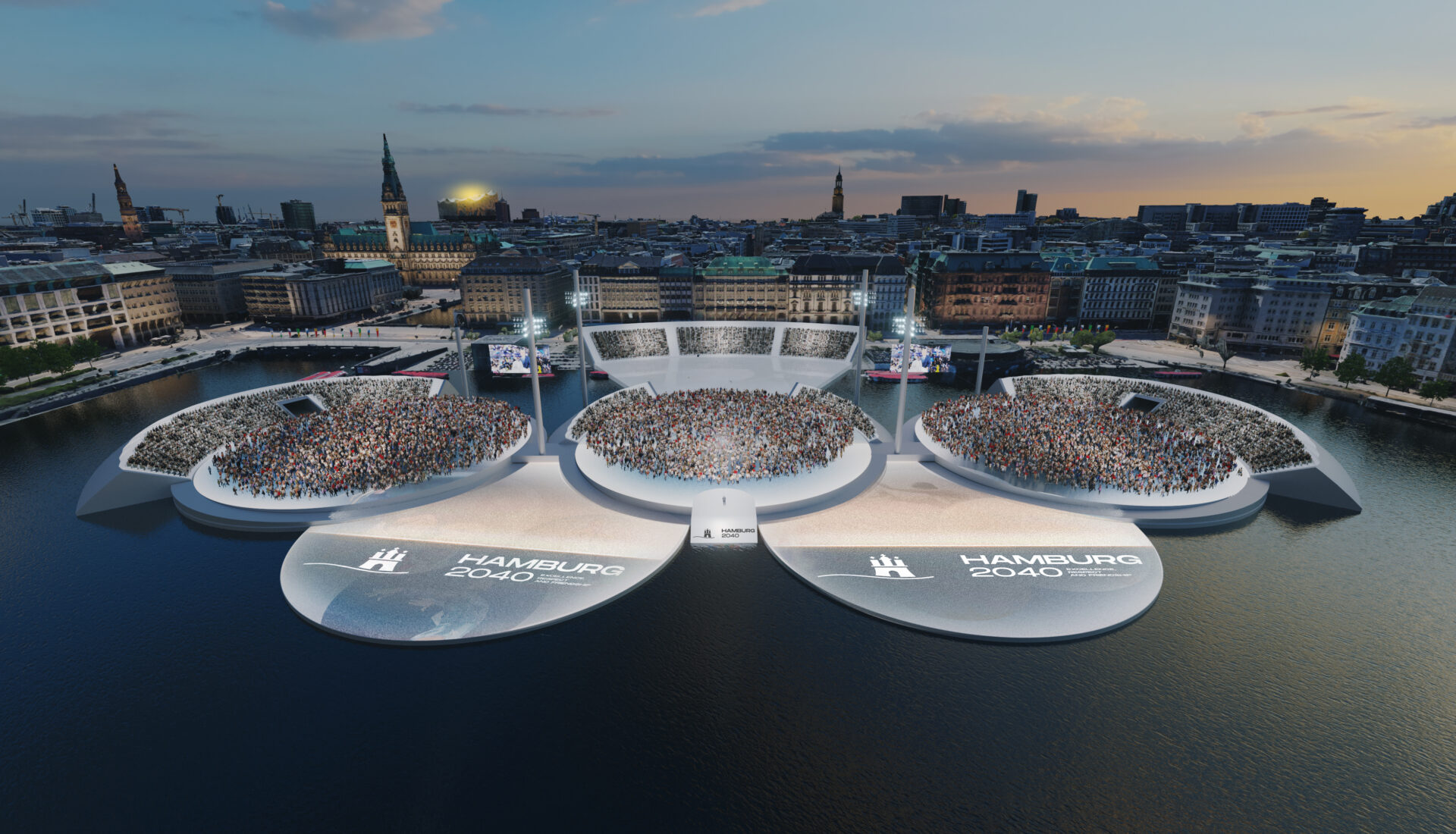 Fünf Ringe auf der Binnenalster: So könnte die Eröffnungsfeier der Olympischen Spiele in Hamburg aussehen.