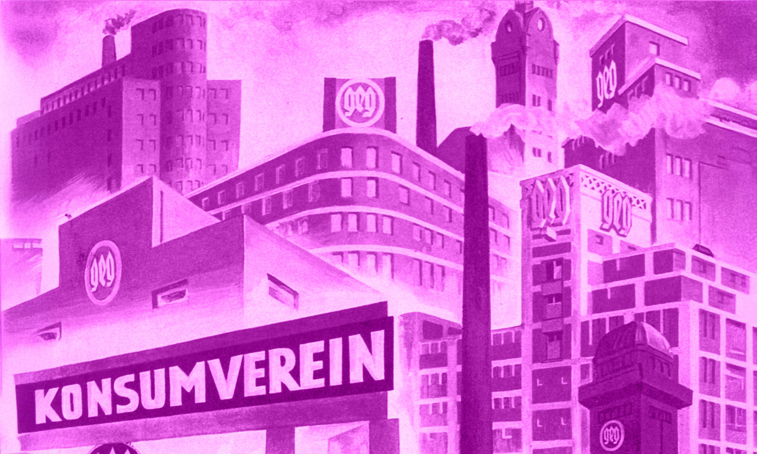 Ein lilafarbenes Bild einer Stadt, in der Hochhäuser und Industriewerke zu sehen sind. Vorne links steht „Konsumverein“.