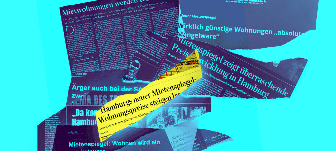Collage mit Zeitungsausschnitten zum Thema Mietenspiegel.