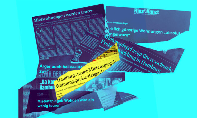 Collage mit Zeitungsausschnitten zum Thema Mietenspiegel.
