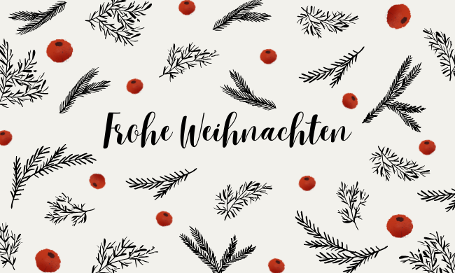 Eine illustrierte weihnachtliche Karte mit roten Beeren und Tannengrün. In der Mitte steht „Frohe Weihnachten“.