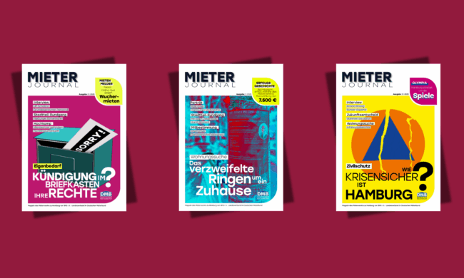 Drei Deckblätter der MieterJournale aus dem Jahr 2025 auf burgunderrotem Hintergrund.