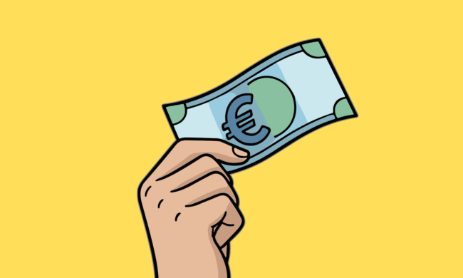 Eine Illustration von einer Hand, die einen Geldschein hochhält, vor einem gelben Hintergrund.