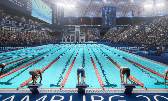 Eine Visualisierung einer Schwimmhalle für Olympia.