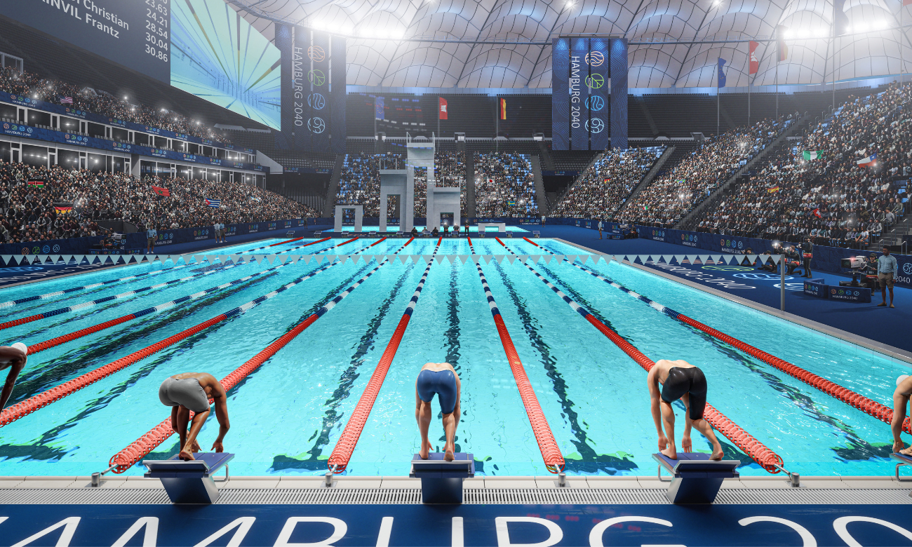 Eine Visualisierung einer Schwimmhalle für Olympia.
