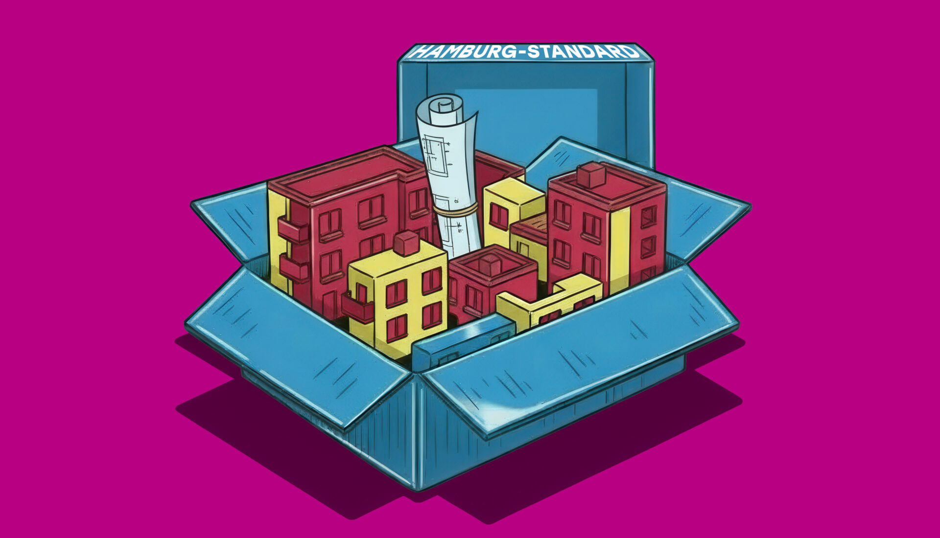 Die Titelseite des MieterJournals 1/2026 zeigt eine Kiste mit kleinen bunten Wohnblöcken und einem zusammengerollten Bauplan. Diese stehen symbolisch für den Hamburg-Standard, ein neues Baukonzept in Hamburg.