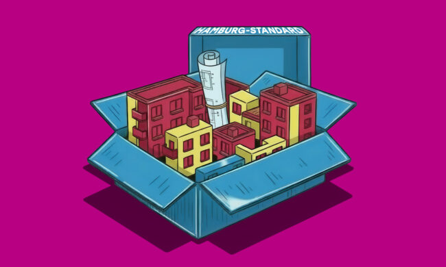 Die Titelseite des MieterJournals 1/2026 zeigt eine Kiste mit kleinen bunten Wohnblöcken und einem zusammengerollten Bauplan. Diese stehen symbolisch für den Hamburg-Standard, ein neues Baukonzept in Hamburg.
