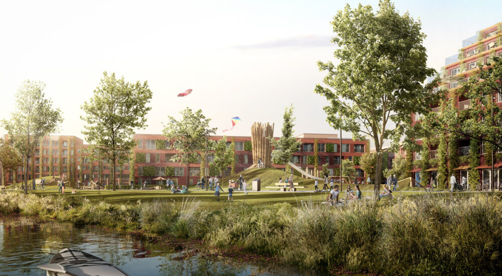 Visualisierung eines geplanten Wohngebiets.