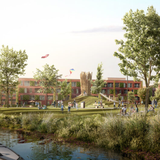 Visualisierung eines geplanten Wohngebiets.