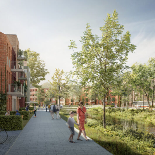 Visualisierung eines geplanten Wohngebiets.