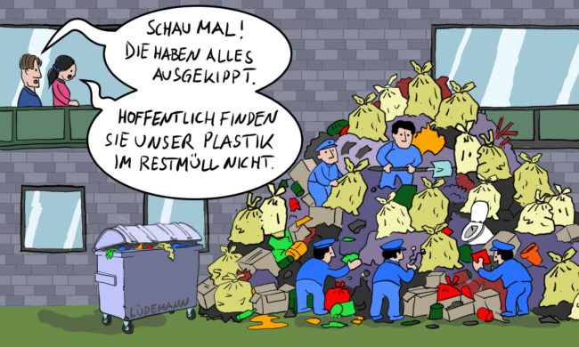Cartoon das einen Berg Mülltüten zeigt, der von Männern in Uniformen durchsucht wird.