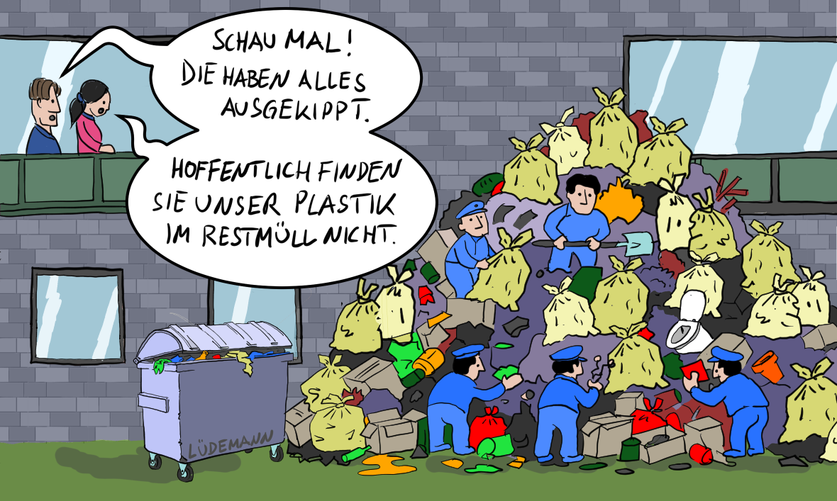 Cartoon das einen Berg Mülltüten zeigt, der von Männern in Uniformen durchsucht wird.
