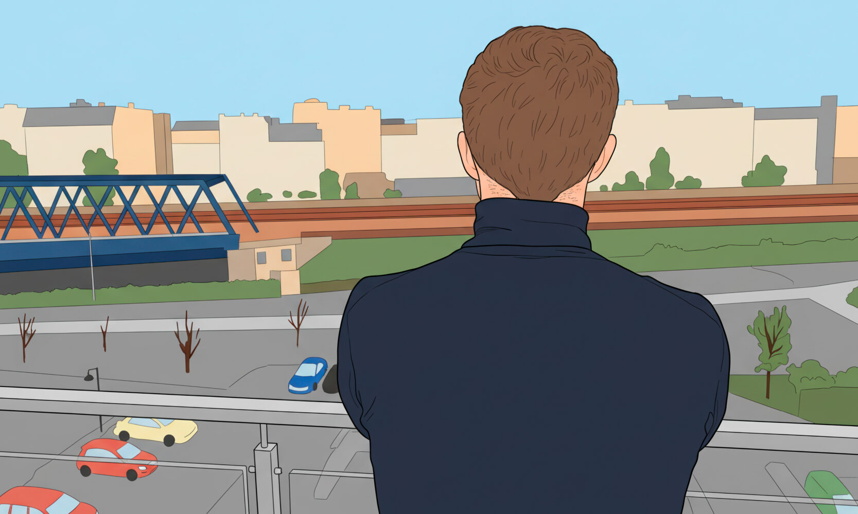 Eine Illustration von einem Mann, der von hinten zu sehen ist und in die Ferne schaut.