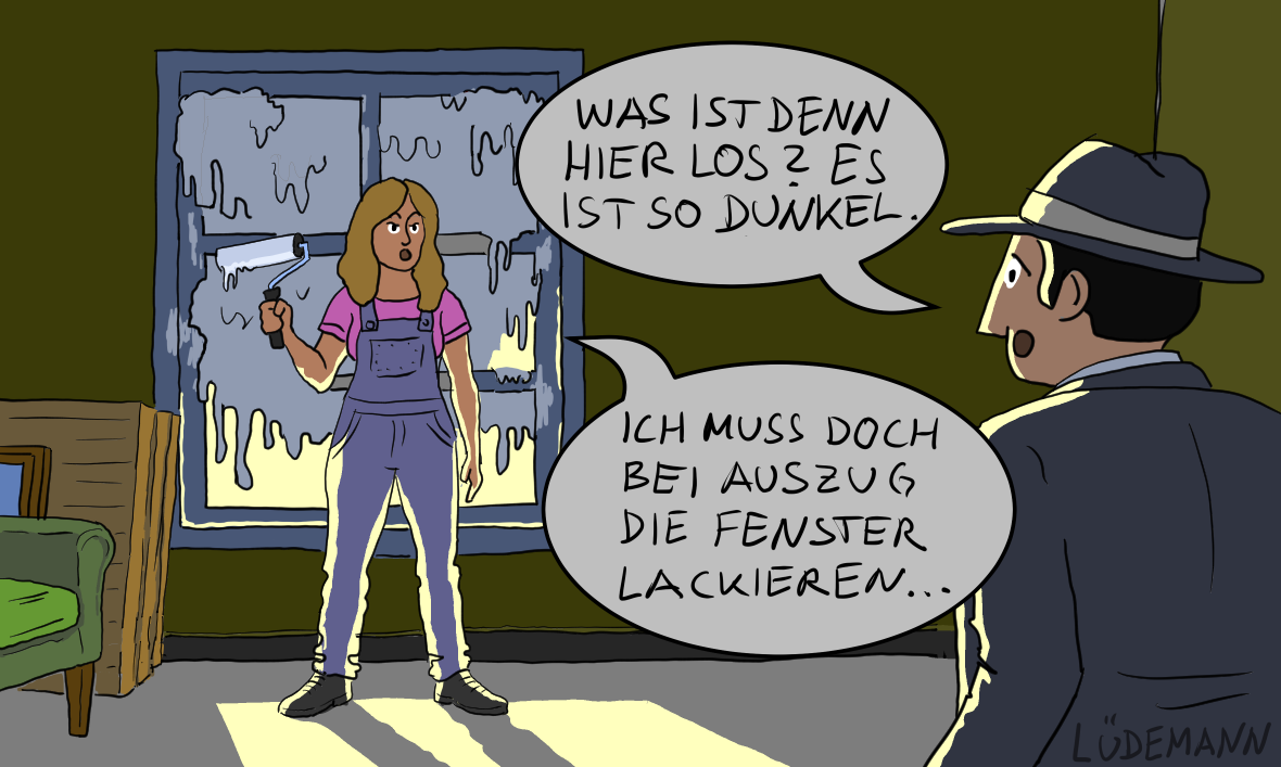Cartoon, das ein Mieterin zeigt, die ihr Fenster gestrichen hat und ihren Vermieter, der sich darüber wundert.
