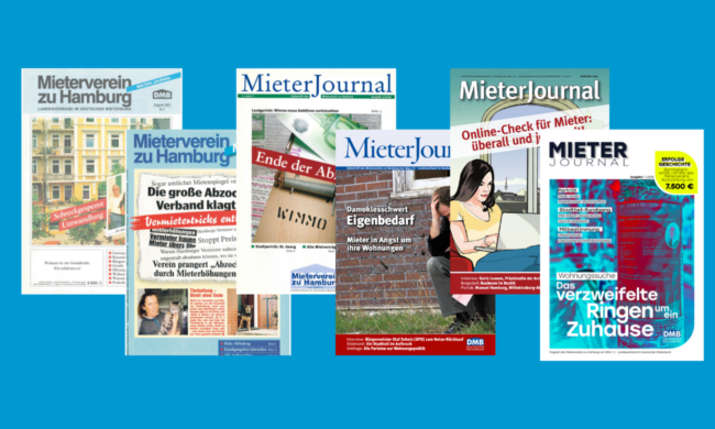 Sechs Titelseiten des MieterJournals auf blauem Hintergrund.