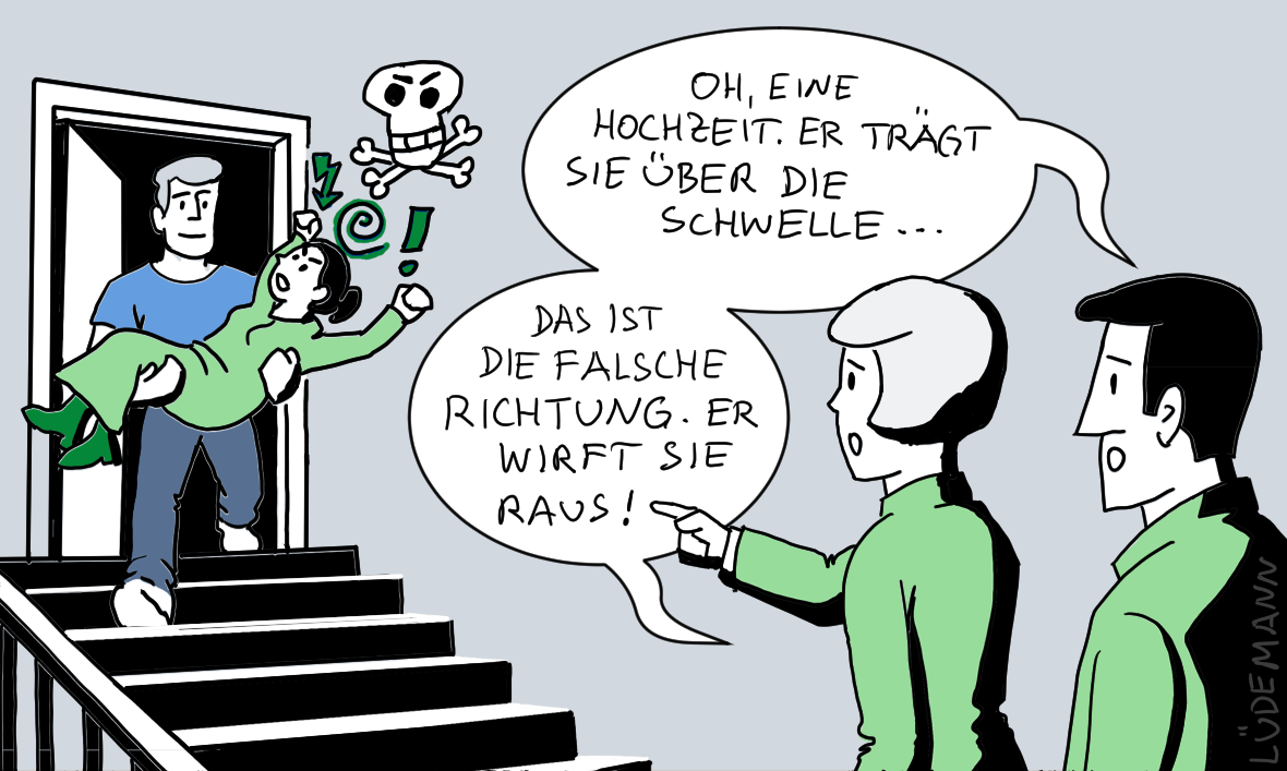 Cartoon auf dem Jemand eine Frau die Treppe runter trägt.