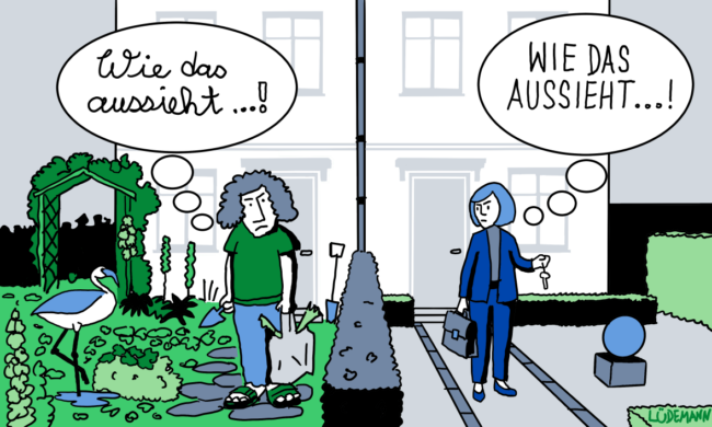 Ein Cartoon, rechts steht eine Person in einem Garten der geplastert ist, links in einem sehr wild bewachsenen. Beide haben eine Sprechblase.