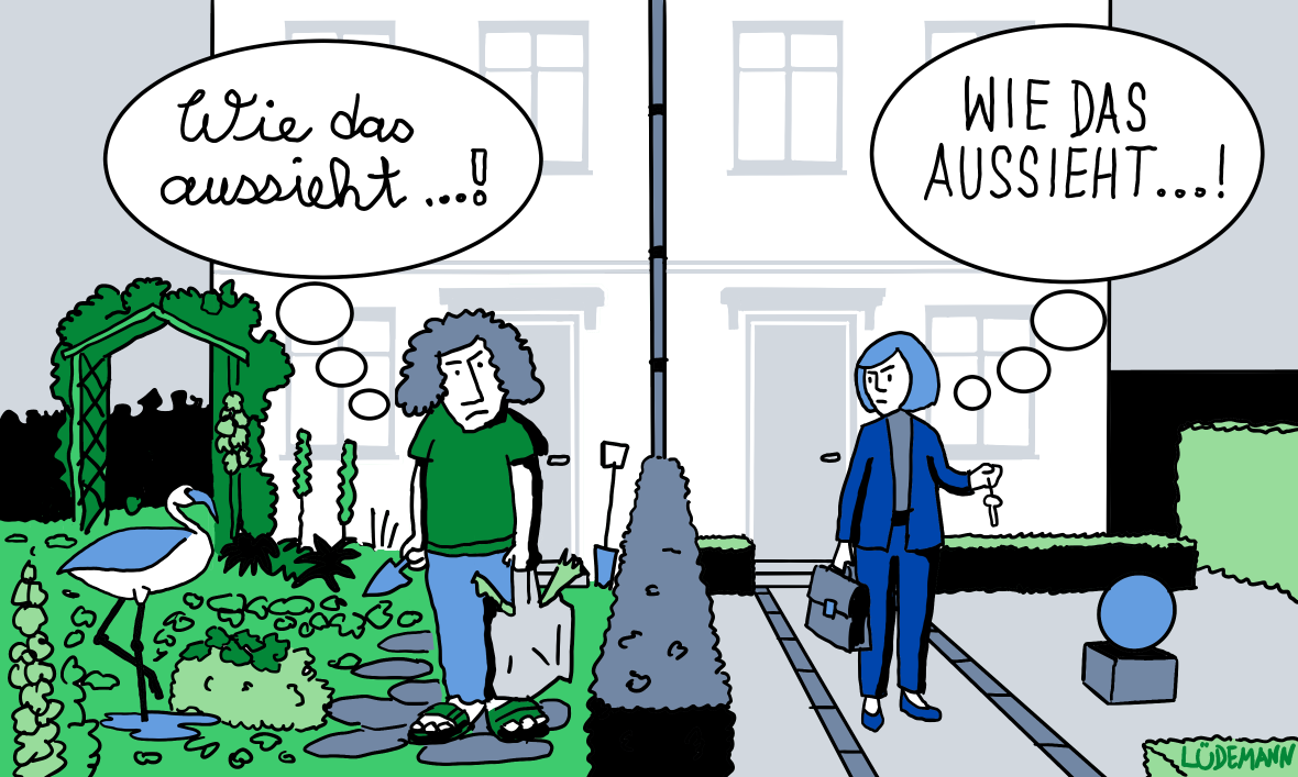 Ein Cartoon, rechts steht eine Person in einem Garten der geplastert ist, links in einem sehr wild bewachsenen. Beide haben eine Sprechblase.
