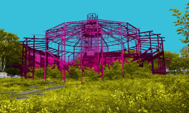 Ein Stahlgerüst, dass pink eingefärbt ist.