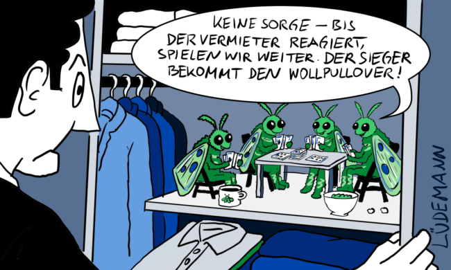 Cartoon mit Motten, die in einem Schrank sitzen.